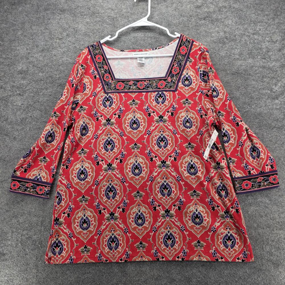Rebecca Malone Shirt Womens XL Warm Spice Red August 3/4 Sleeve Boho Print New